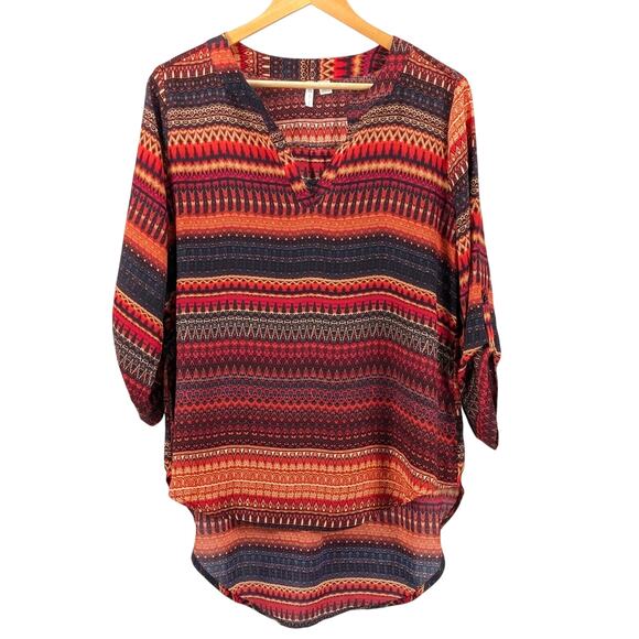 Cato Chiffon High Low Tunic Top Blouse Boho Southwestern Aztec Desertcore Red M - Picture 1 of 12